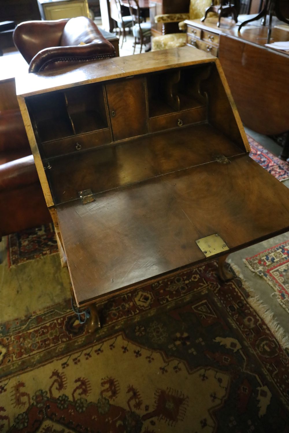 A small early 20th century Queen Anne revival walnut bureau, width 74cm, depth 51cm, height 97cm